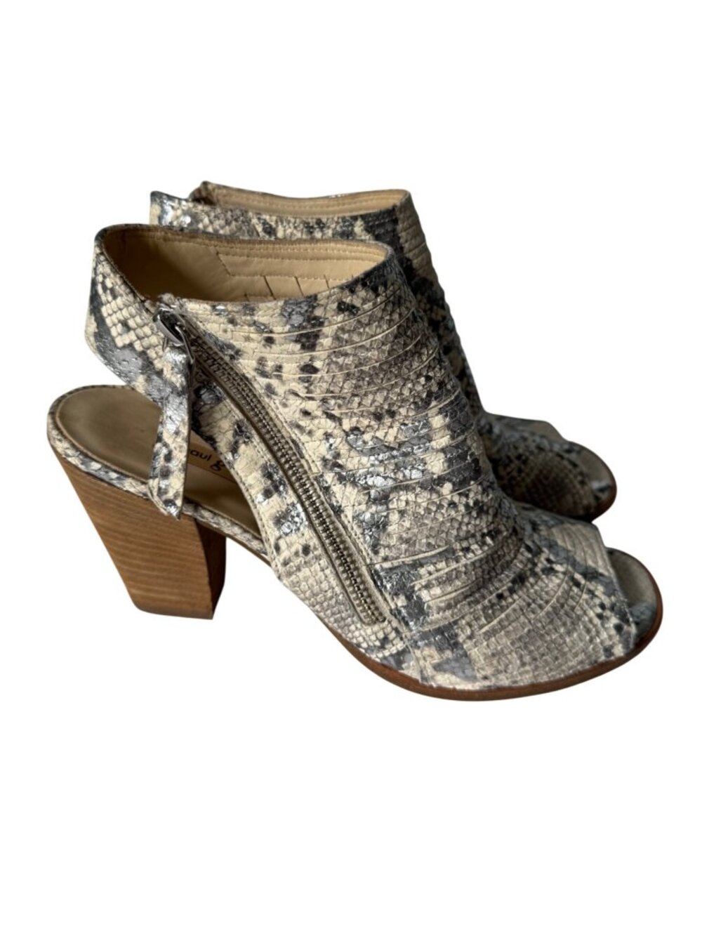 Paul Green Cayanne Snake Print Peep Toe Heeled Booties Zipper Stacked Heel US 7.